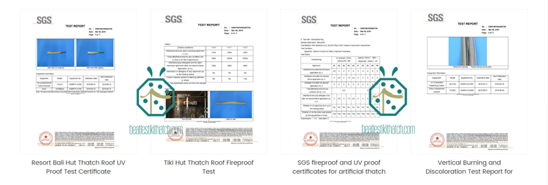 SGS test certificate for fire rated artificial palm thatch roof panel