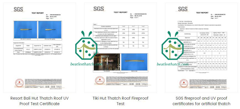 Fireproof test certificate for artificial nipa shingle thatch roof