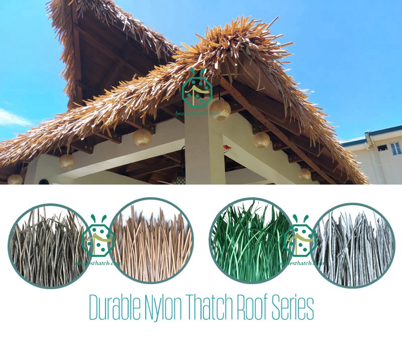 Artificial thatch roof used for commercial roofing in theme parks, resorts, and restaurants