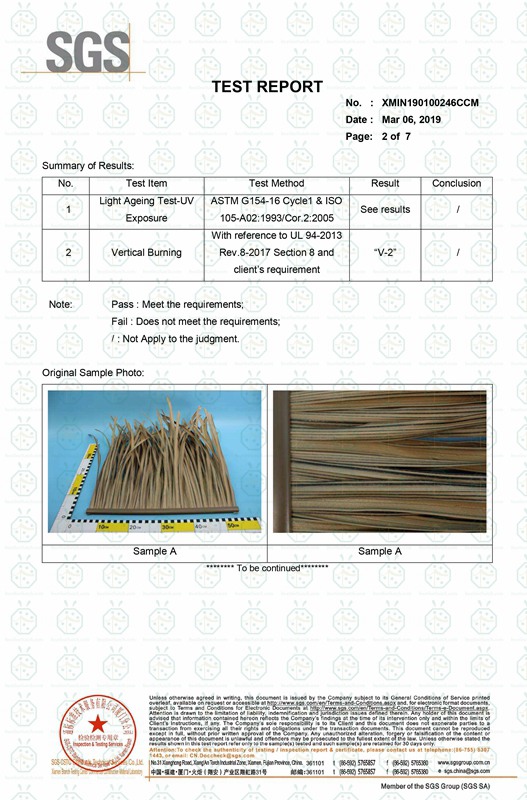 Synthetic reed thatch roof fireproof fire rated and UV Exporesure test report as per UL 94-2013