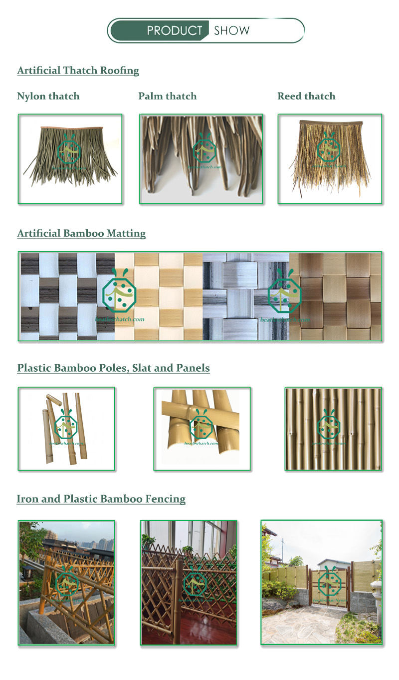 Synthetic thatch roofing, artificial bamboo ceiling and wall panels, plastic bamboo poles