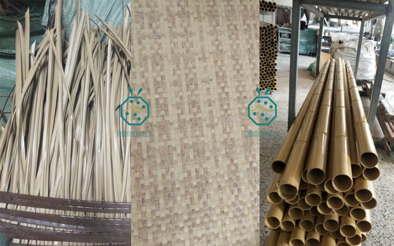 Plastic thatch roof, artificial bamboo weave matting and synthetic bamboo sticks used for Pacific countries for hotel decoration of thatch roof, ceiling and fencing