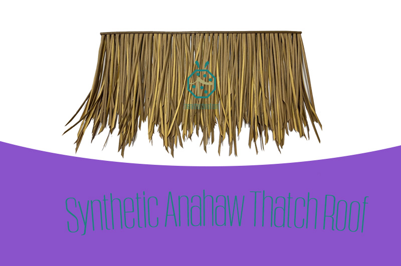 Synthetic anahaw thatch roof for waterfront theme park landscape design