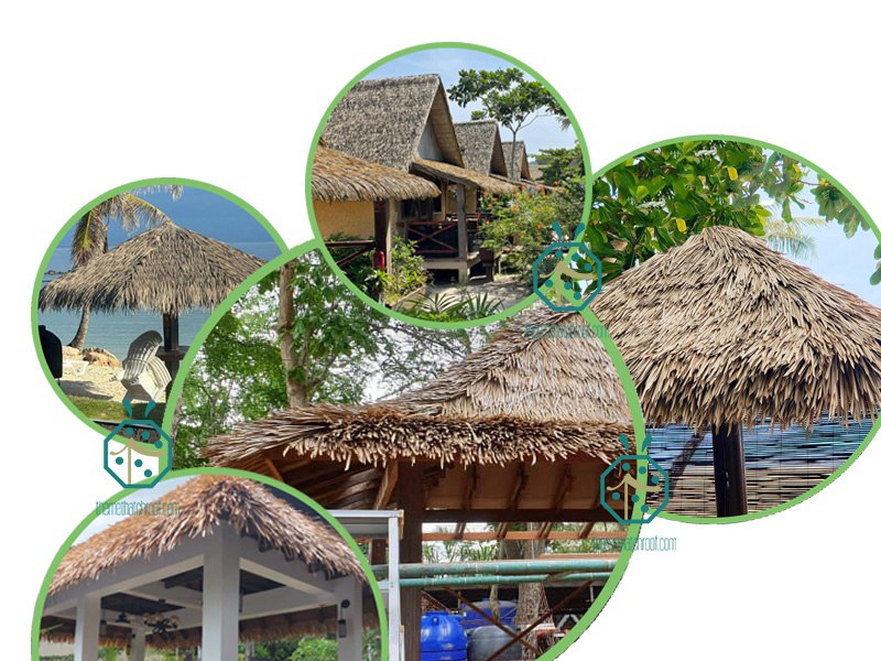 Application of synthetic thatch roof for various tiki huts, palapas, gazebos, pergolas and residential homes