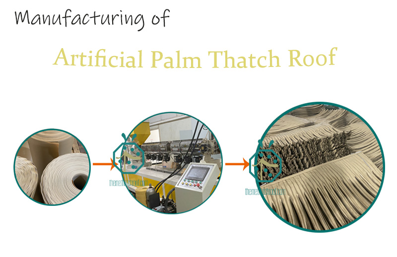 Production of high quality plastic palm thatch roof shingle for wooden lodge construction in Malaysia beach area