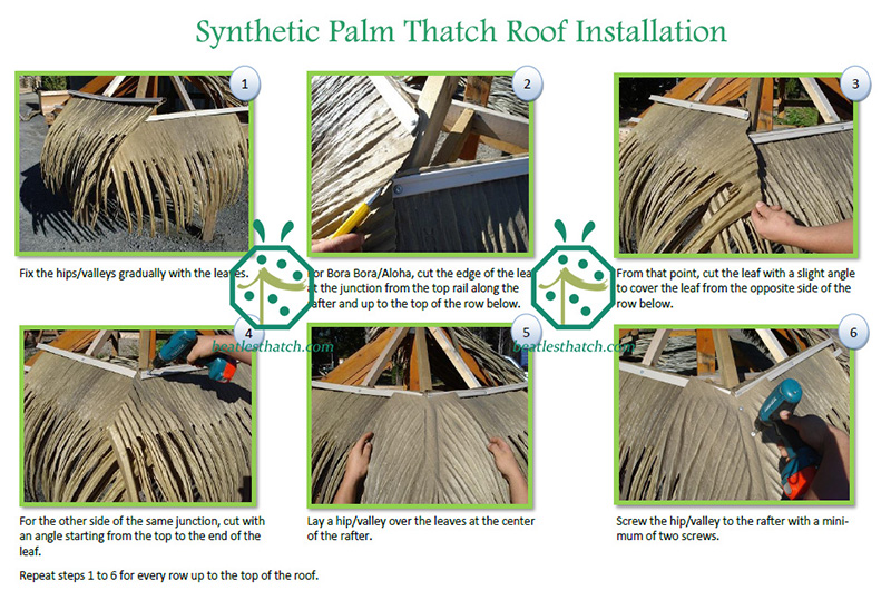 Installation of synthetic palm thatch roof on wooden lodge cabin buildings