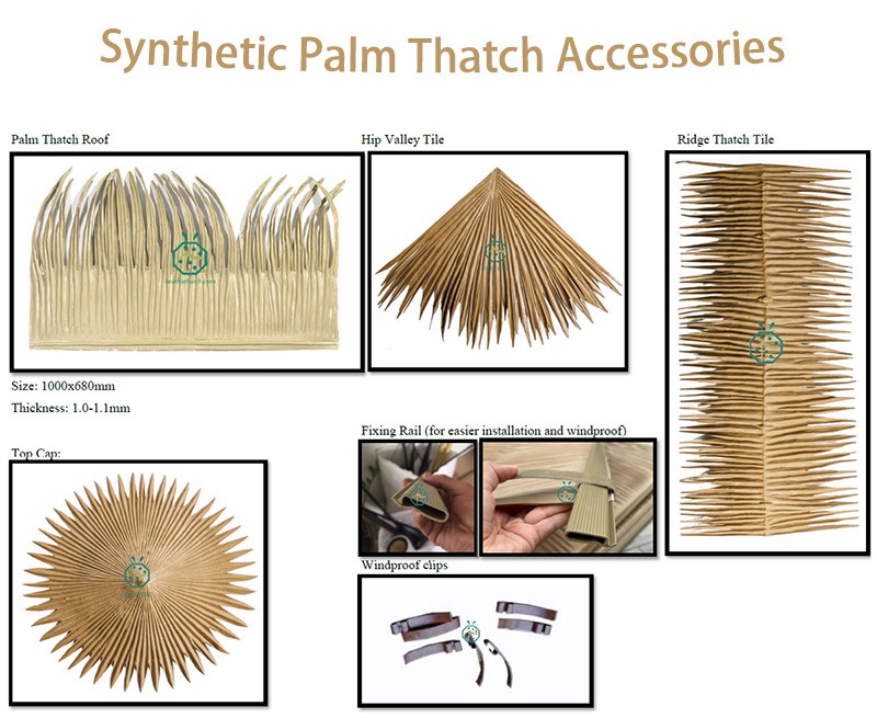 Synthetic palm thatch roof accessories of ridge tile, hip valley thatch tile, fixing rail and windproof clips